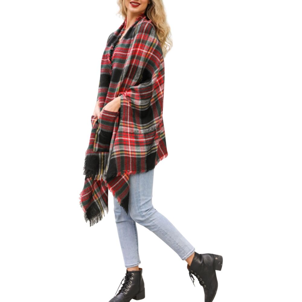 Classic Plaid W/Pockets Kimono Ruana One Size Cozy Wrap Stay Warm In Style
